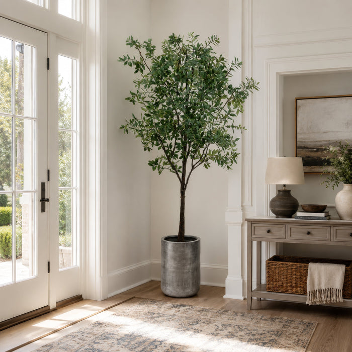 7'10" Budding Azalea Silk Flowering Tree w/Textured Zinc Planter -Green/White - WT0674-GR/WH