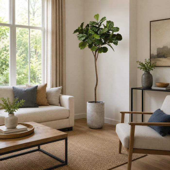 7' Fiddle Leaf Fig Silk Tree w/Fiber Cement Planter -Green - WT4920-GR