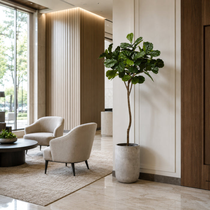7' Fiddle Leaf Fig Silk Tree w/Fiber Cement Planter -Green - WT4920-GR