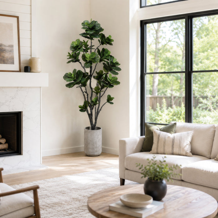 7'6" Fiddle Leaf Fig Silk Tree w/Fiber Cement Planter -Green - WT4922-GR