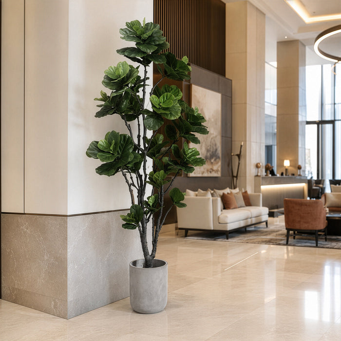 7'6" Fiddle Leaf Fig Silk Tree w/Fiber Cement Planter -Green - WT4922-GR