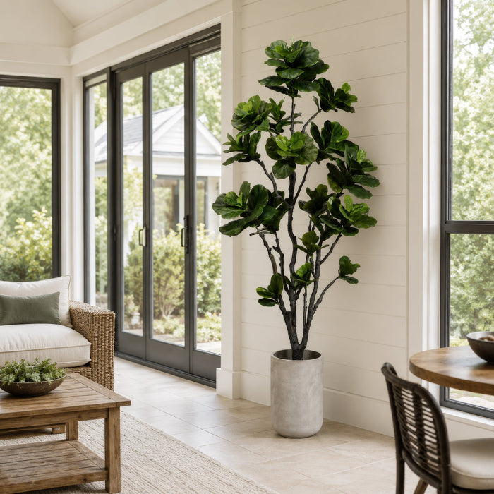 7'6" Fiddle Leaf Fig Silk Tree w/Fiber Cement Planter -Green - WT4922-GR