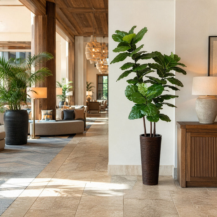 7'6" Fiddle Leaf Fig Silk Tree w/Bamboo & Rope Container -Green - WT4972-GR