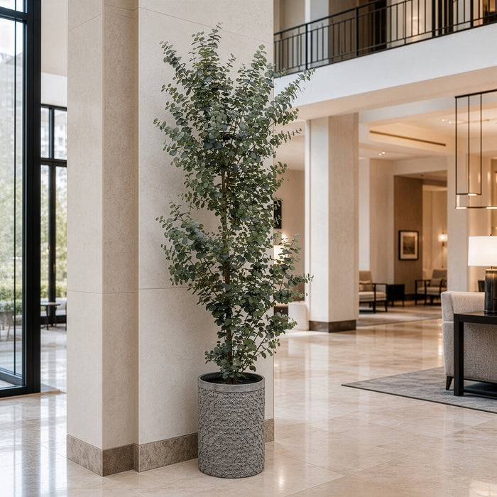 8' Eucalyptus Silk Tree w/Cement Pot -Green - WT4973-GR
