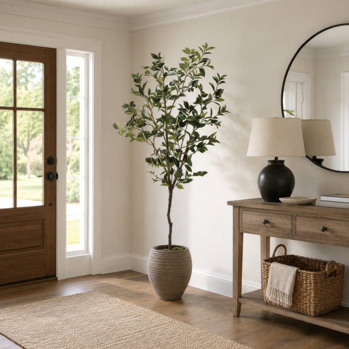 6' Laurel Silk Tree w/Fiber Clay Planter -Green - WT4991-GR