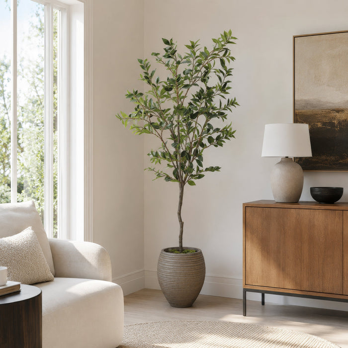 6' Laurel Silk Tree w/Fiber Clay Planter -Green - WT4991-GR
