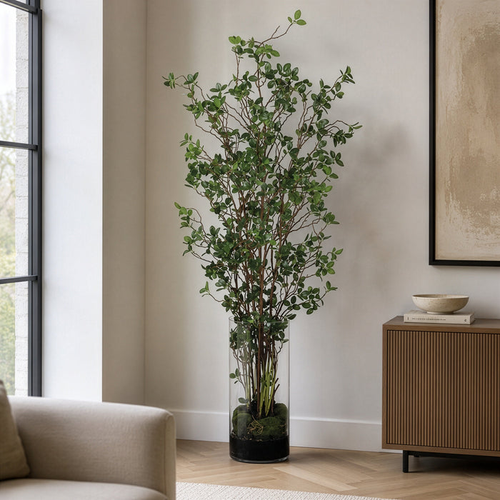 5' Mini Leaf Silk Plant w/Cylinder Glass Vase -Green - WT4999-GR