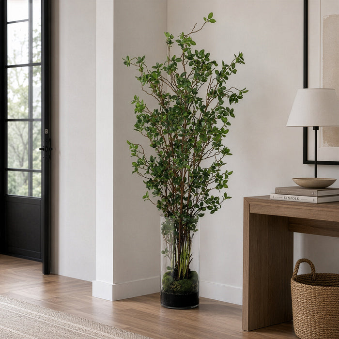 5' Mini Leaf Silk Plant w/Cylinder Glass Vase -Green - WT4999-GR
