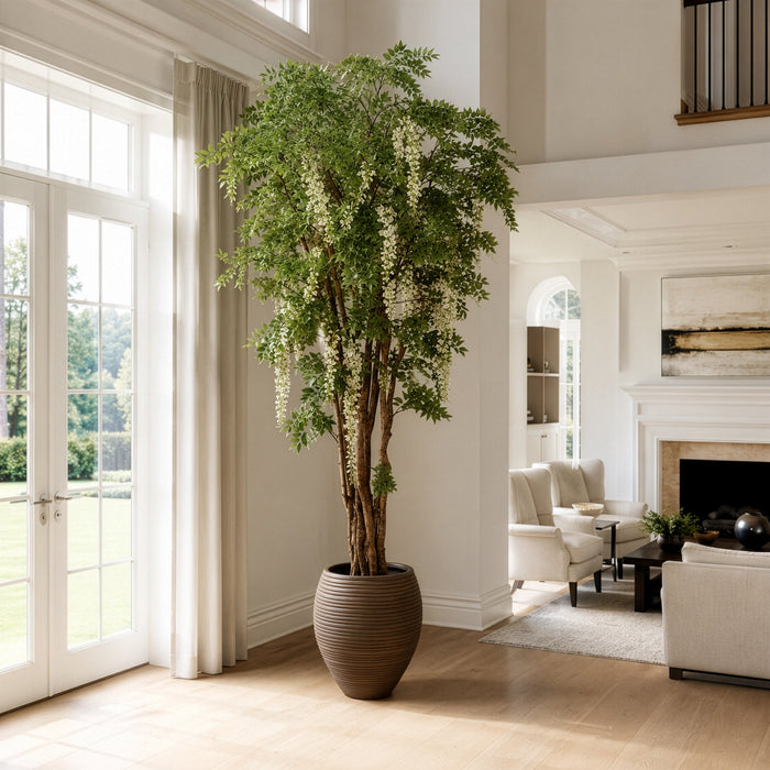 9' Silk Wisteria Flower Tree w/Clay Planter -White - WT5082-WH