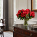 17.5" Silk Amaryllis Flower, Skimmia & Sedum Arrangement w/Glass Vase -Red/Green - WX8084-RE/GR