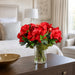 17.5" Silk Amaryllis Flower, Skimmia & Sedum Arrangement w/Glass Vase -Red/Green - WX8084-RE/GR