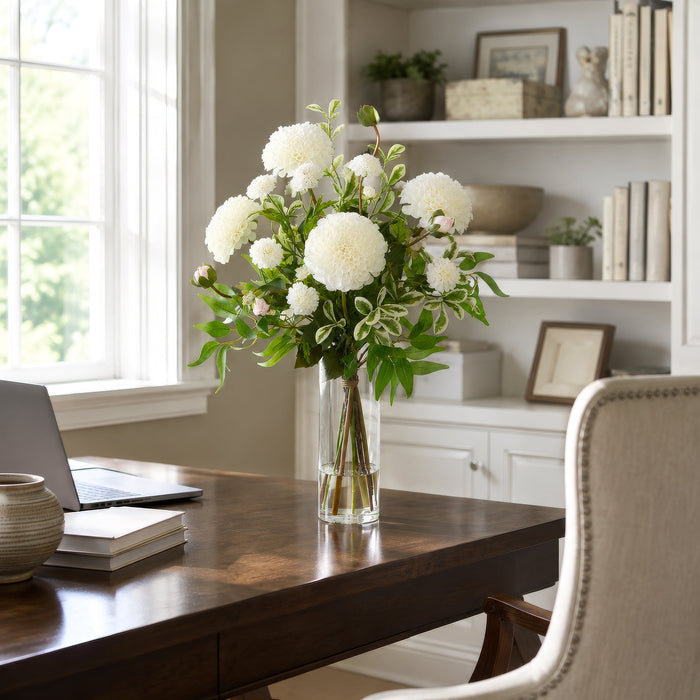 26"Hx18"W Dahlia & Pompom Silk Flower Arrangement w/Glass Vase -Cream/Green - WZ0159-CR/GR