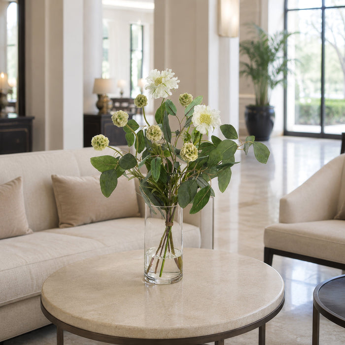 24"Hx18"W Scabiosa & Eucalyptus Leaf Silk Flower Arrangement w/Glass Vase -White/Green - WZ0163-WH/GR