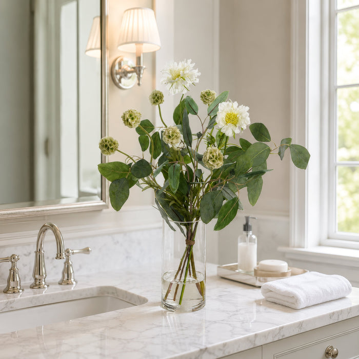 24"Hx18"W Scabiosa & Eucalyptus Leaf Silk Flower Arrangement w/Glass Vase -White/Green - WZ0163-WH/GR