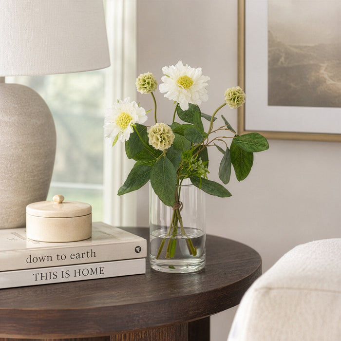 14"Hx11"W Scabiosa & Eucalyptus Leaf Silk Flower Arrangement w/Glass Vase -White/Green - WZ0164-WH/GR