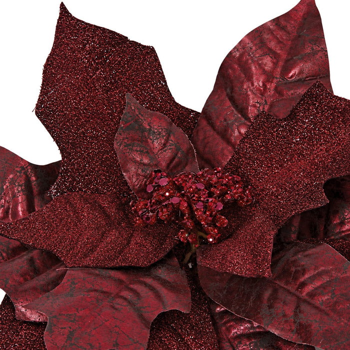 20" Glittered & Metallic Silk Poinsettia Flower Stem -Burgundy/Wine (Pack of 24) - P-170145