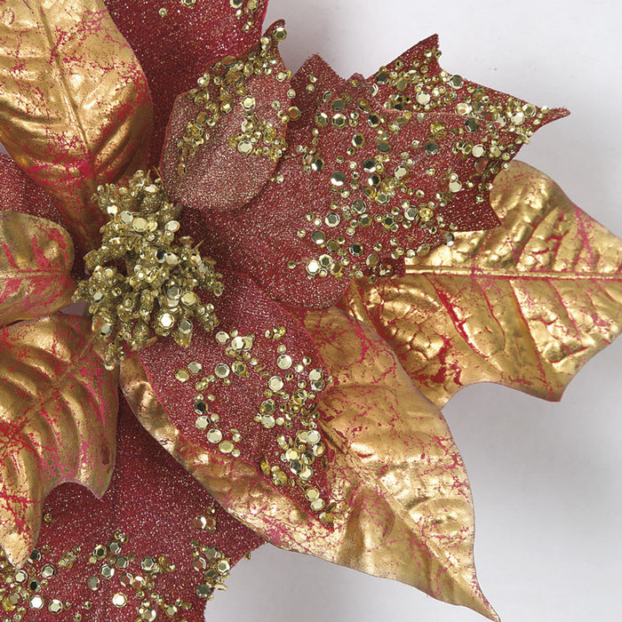 23" Glittered & Beaded Silk Poinsettia Flower Stem -Gold/Burgundy (Pack of 24) - P-170150