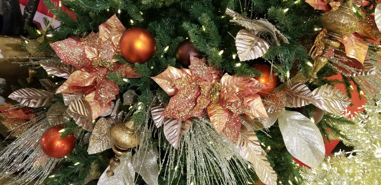 23" Glittered & Beaded Silk Poinsettia Flower Stem -Gold/Burgundy (Pack of 24) - P-170150