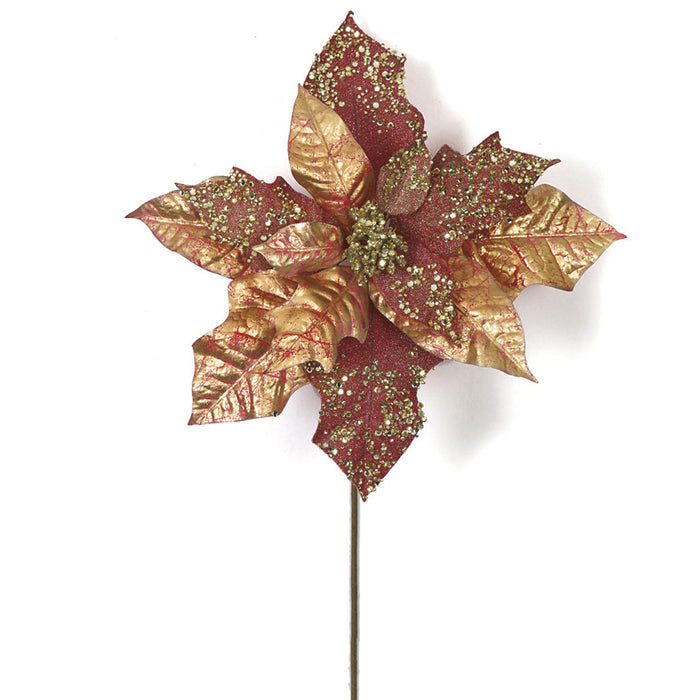 23" Glittered & Beaded Silk Poinsettia Flower Stem -Gold/Burgundy (Pack of 24) - P-170150
