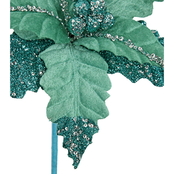 25" Glittered Silk Poinsettia Flower Stem -Teal (Pack of 24) - P-170165