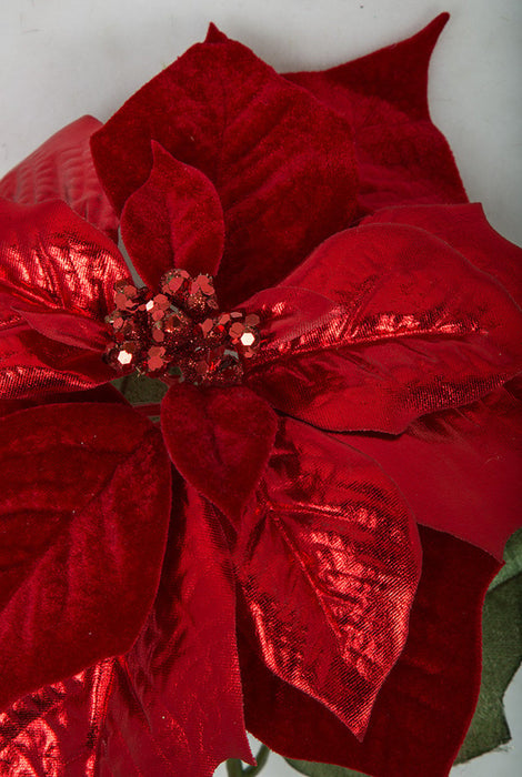 28" Metallic Artificial Velvet Poinsettia Flower Stem -Red (Pack of 12) - P180570