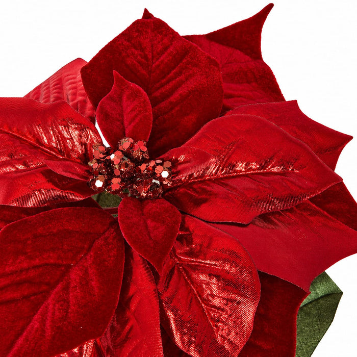 28" Metallic Artificial Velvet Poinsettia Flower Stem -Red (Pack of 12) - P180570