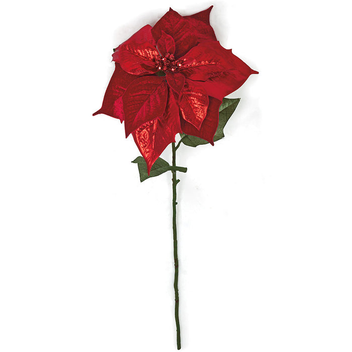28" Metallic Artificial Velvet Poinsettia Flower Stem -Red (Pack of 12) - P180570