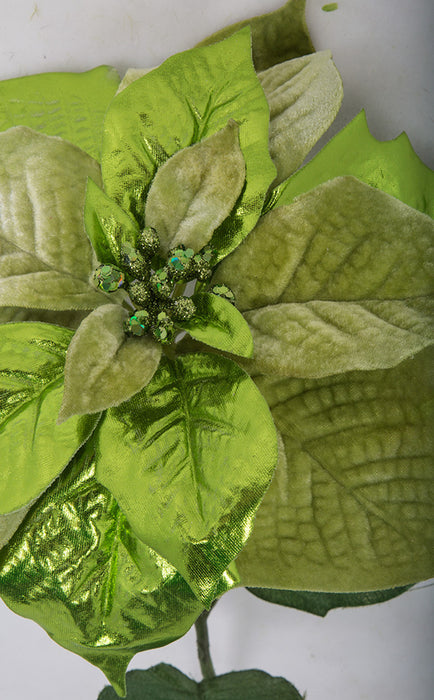 28" Metallic Artificial Velvet Poinsettia Flower Stem -Green (pack of 12) - P180574