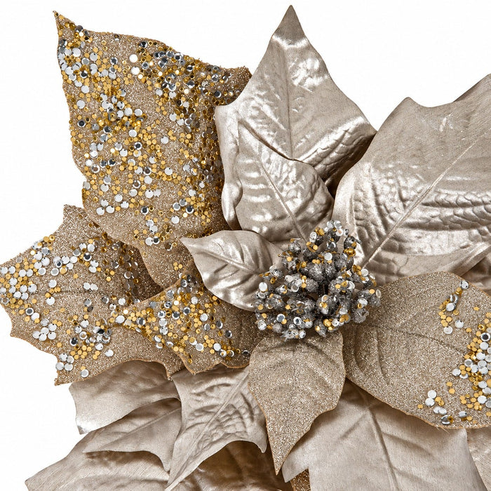 22" Metallic & Sequin Artificial Poinsettia Flower Stem -Champagne/Silver (Pack of 12) - P180984