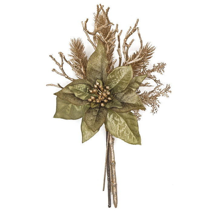 12" Metallic Artificial Poinsettia Flower, Pine & Twig Stem Bundle -Green/Champagne (pack of 12) - P190640