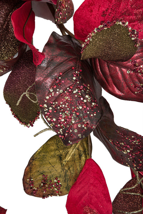 36" Metallic Sequined Artificial Magnolia Leaf Stem -Burgundy/Red (pack of 12) - P191132