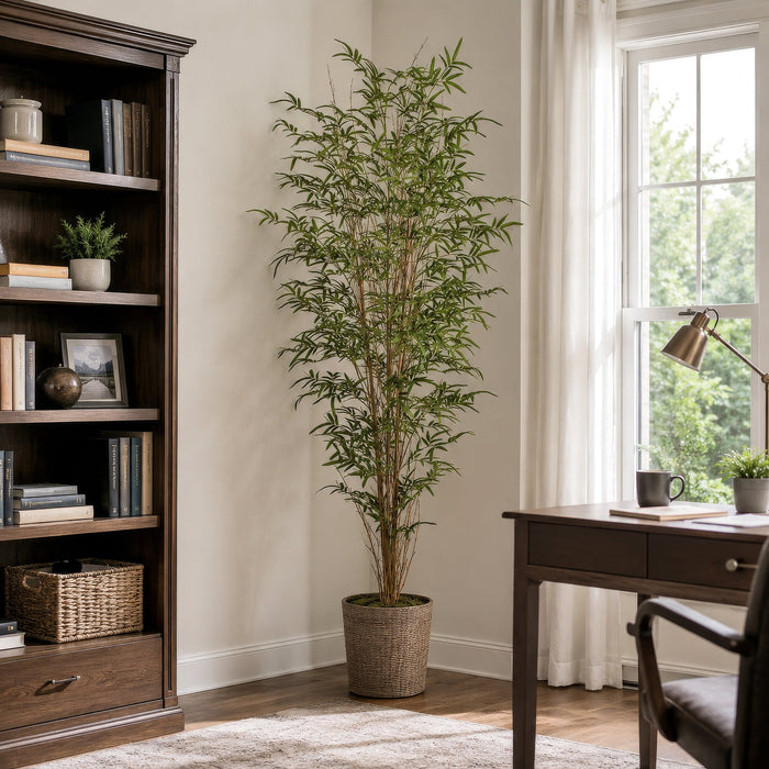 7' Natural Cane Reed Bamboo Silk Palm Tree w/Pot -Green - P191420