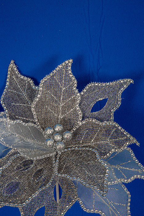 22" Beaded Artificial Poinsettia Flower Stem -Silver (Pack of 12) - P200990