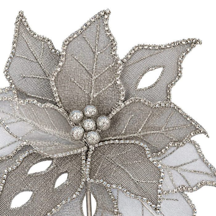 22" Beaded Artificial Poinsettia Flower Stem -Silver (Pack of 12) - P200990