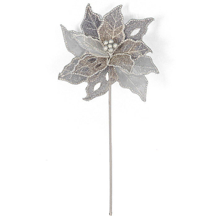 22" Beaded Artificial Poinsettia Flower Stem -Silver (Pack of 12) - P200990