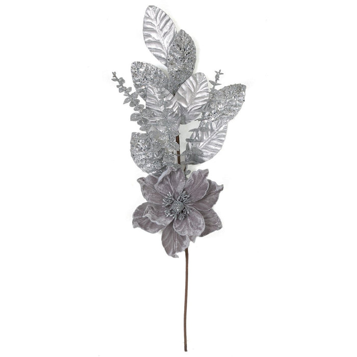 28" Mixed Metallic Glittered Magnolia Flower & Eucalyptus Leaf Artificial Stem -Silver/Gray (pack of 12) - P201002