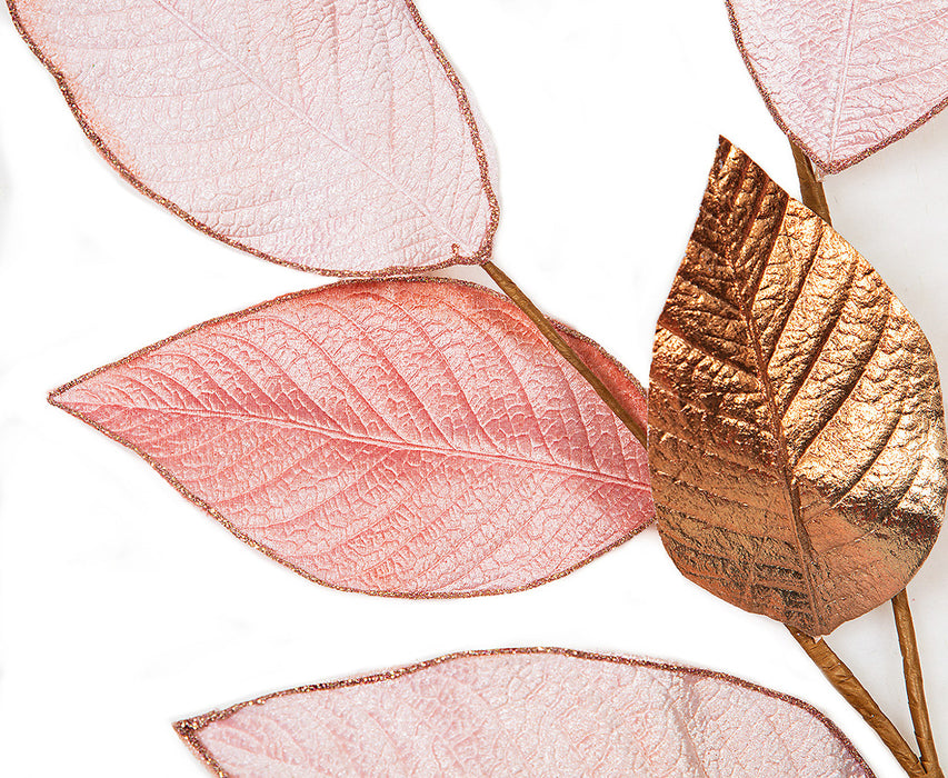 38" Metallic Velvet Artificial Magnolia Leaf Stem -Pink/Gold (pack of 12) - P210004