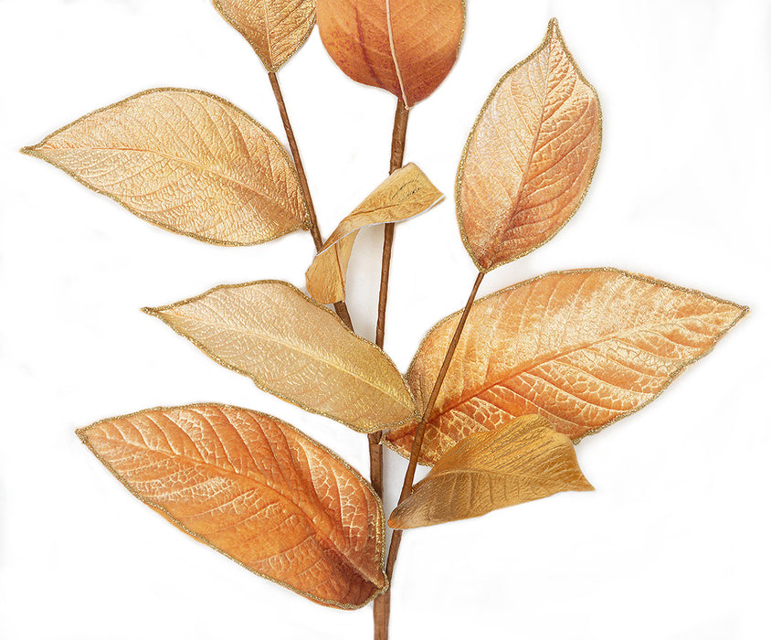 38" Metallic Velvet Artificial Magnolia Leaf Stem -Gold (Pack of 12) - P210005