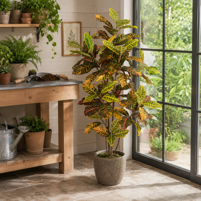 5' Croton Leaf Silk Plant w/Pot -Green/Red - P-220280