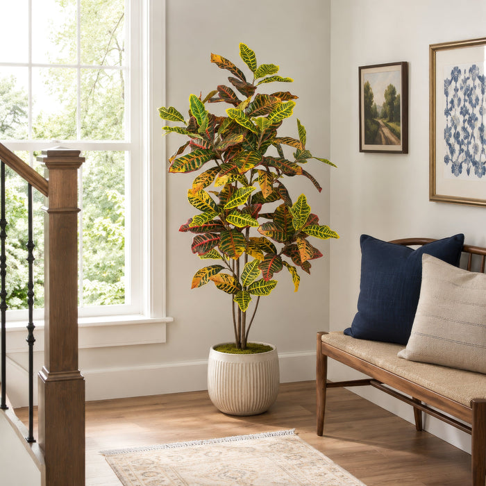 5' Croton Leaf Silk Plant w/Pot -Green/Red - P-220280