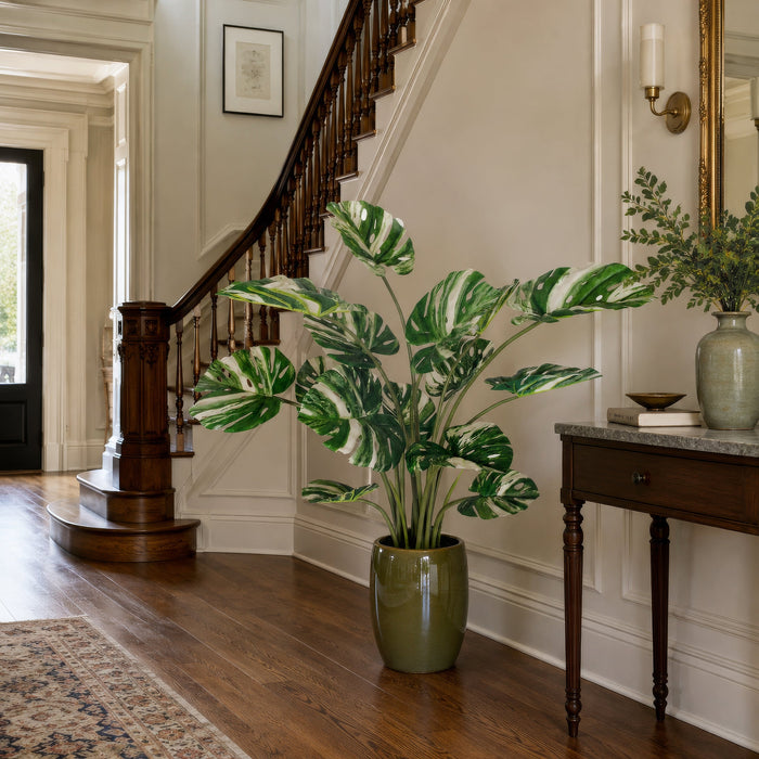 4' Variegated Split Leaf Philodendron Monstera Silk Plant w/Plastic Pot -Green/White - P-230020
