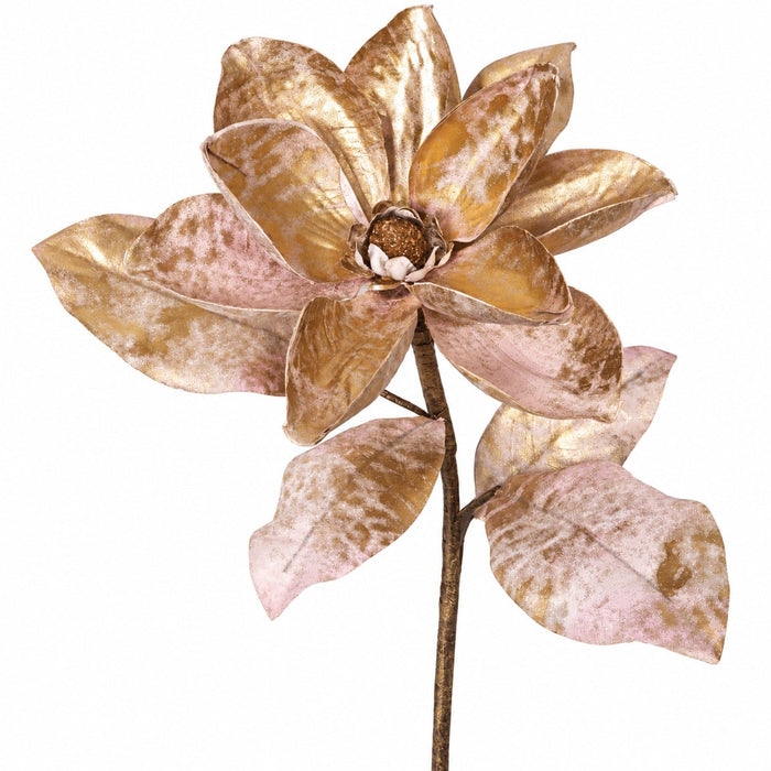 23" Metallic Printed Silk Magnolia Flower Stem -Gold/Pink (Pack of 12) - P-230362