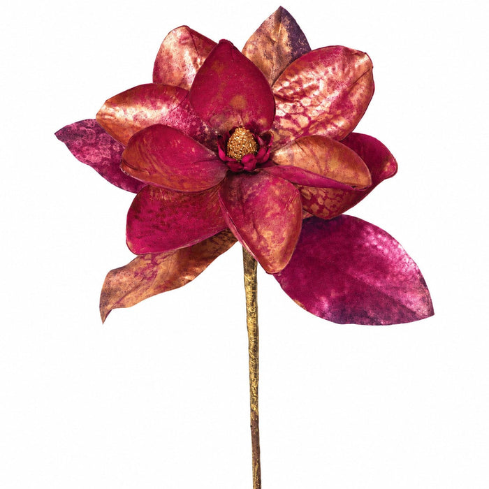 23" Metallic Printed Silk Magnolia Flower Stem -Burgundy (Pack of 12) - P-230364