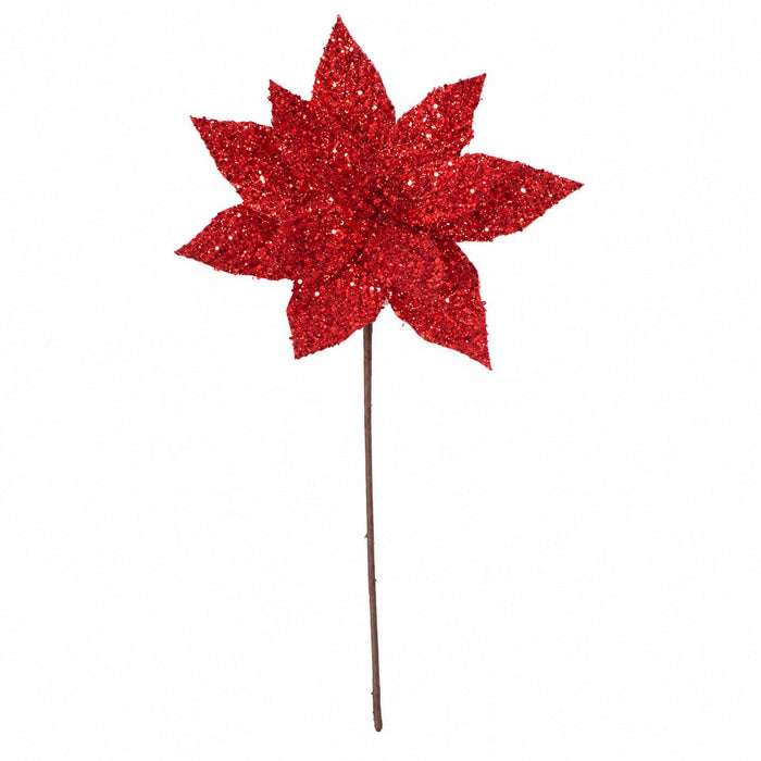 21" Sequin & Glittered Artificial Poinsettia Flower Stem -Red (Pack of 24) - P-260272