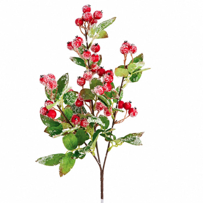 26" Foam Flocked Artificial Berry With Leaf Stem -Red/Green (Pack of 24) - PF-260140