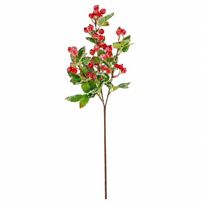 26" Foam Flocked Artificial Berry With Leaf Stem -Red/Green (Pack of 24) - PF-260140