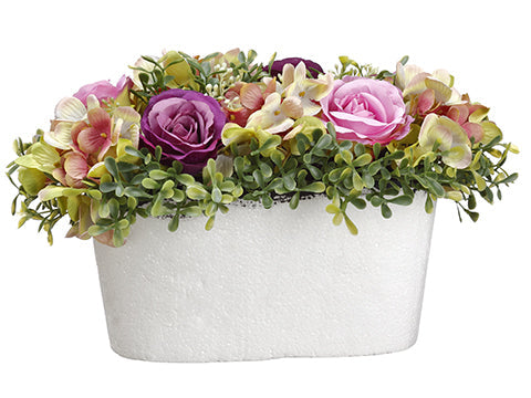 7" Rose & Hydrangea Silk Flower Arrangement w/Foam Base -Mauve/Green (pack of 6) - PFX008-MV/GR