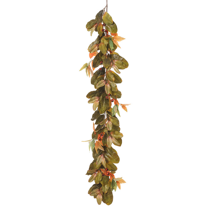 6' Magnolia, Eucalyptus Leaf & Rosehip Artificial Garland -Green/Orange (pack of 4) - PGL217-GR/OR