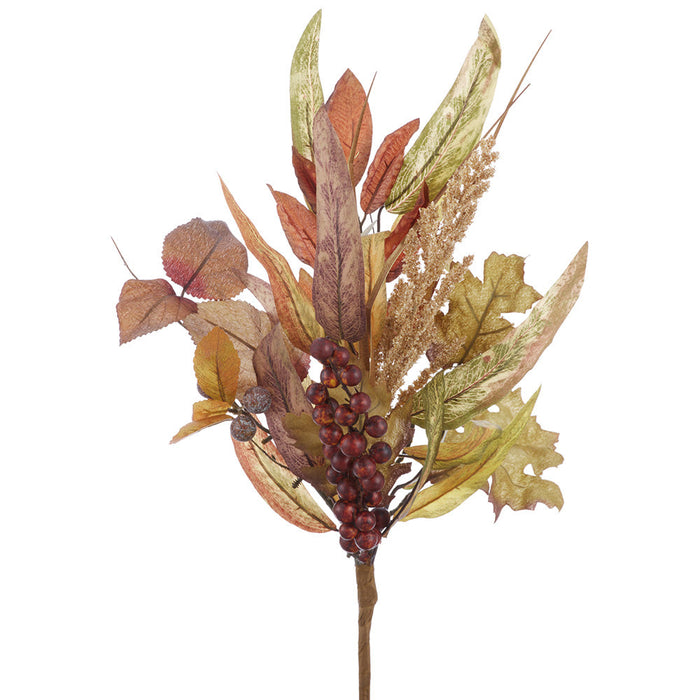 18" Artificial Berry & Mixed Fall Leaf Stem Pick -Brown/Green (Pack of 12) - PKB001-BR/GR