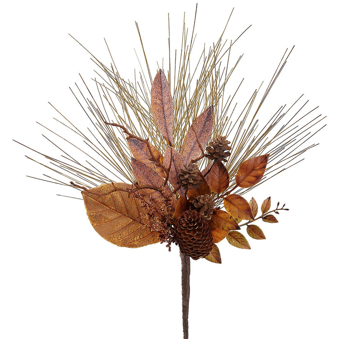 16" Artificial Mixed Pinecone, Bay Leaf & Pine Stem Pick -Brown/Green (Pack of 12) - PKP001-BR/GR